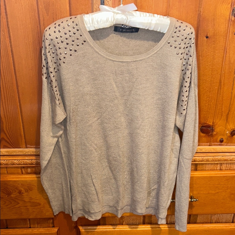 Studded Shoulder Crewneck Sweater - Taupe